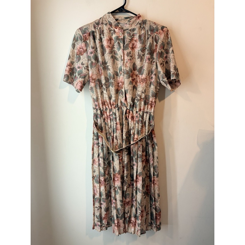 Vintage 80's Handmade Dress Belted Floral Pleated Medium Padded